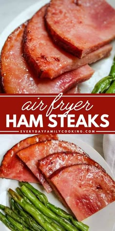 air fryer ham steaks on a plate with asparagus