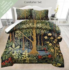 the comforter set is made with an image of trees and birds in the forest