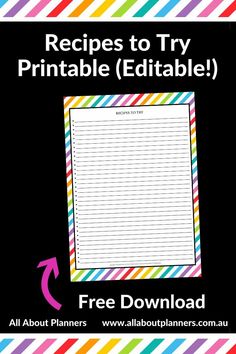 a recipe book with rainbow stripes on it and the words, recipes to try printable edit