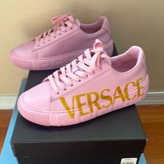 Pink Versace Sneakers Size 37 Worn Twice. Comes With Box, Dust Bag And Authentication Card. Pink Leather Sneakers With Logo Print, Pink Leather Sneakers With Logo, Luxury Pink Lace-up Custom Sneakers, Designer Pink Leather Custom Sneakers, Pink Versace, Versace Sneakers, Versace Pink, Versace Shoes, Shoes Pink