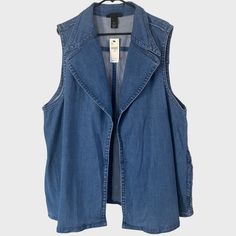 Lane Bryant Drape Open-Front Denim Jean Vest Light Wash Sleeveless New Msrp - $69.95 Women's Size 26/28 Two-Waist Hand Pockets 98% Cotton 2% Spandex Blend New With Tags No Rips, Holes, Or Stains. Measurements Laying Flat In Inches: Armpit To Armpit 28'' Top Of Shoulder To Bottom Hem 30.5'' Please Check Measurements To Ensure Proper Fit Sold As Pictured Sleeveless Medium Wash Denim Top For Fall, Medium Wash Denim Vest Top For Fall, Fall Medium Wash Denim Vest Top, Denim Blue Denim Vest Outerwear, Sleeveless Denim Blue Outerwear For Spring, Sleeveless Denim Jacket For Summer Workwear, Casual Sleeveless Denim Vest For Work, Spring Dark Wash Denim Vest Top, Denim Blue Vest Top For Fall