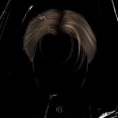 the back of a woman's head with long blonde hair in front of a black background