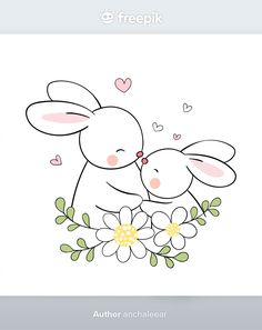 two rabbits hugging each other with flowers in the foreground and hearts flying above them