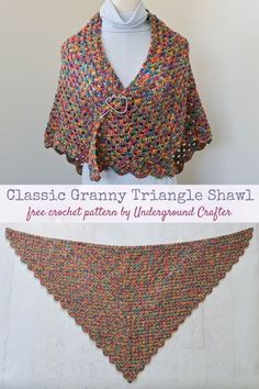 a crocheted triangle shawl is shown with the words classic granny triangle shawl