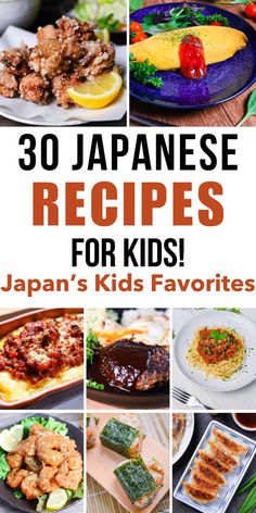 Collage of 30 Japanese recipes for kids, featuring dishes like karaage, omurice, doria, hamburger steak, spaghetti, shrimp, onigiri, and gyoza. Japanese Street Food Recipes, Japanese Meals, Japanese Street Food, Fussy Eaters