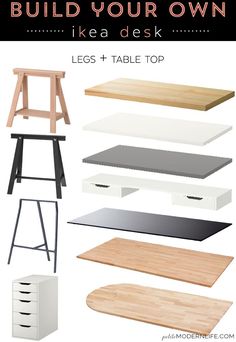 some tables and stools are shown with the words build your own ikea desk