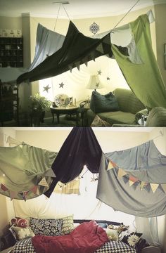 two pictures of an unmade bed with curtains hanging from the ceiling