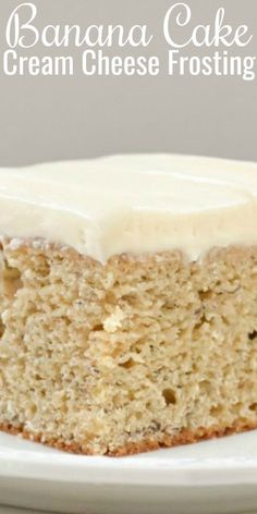 banana cake with cream cheese frosting on a white plate