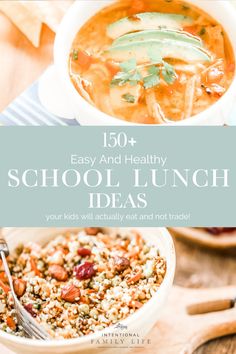 the words easy and healthy school lunch ideas on top of two bowls filled with food