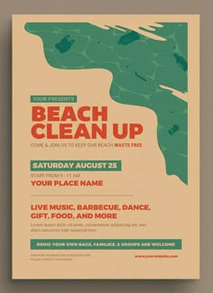 a flyer for a beach clean up event with an image of the water and sand