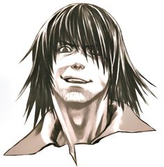 a drawing of a man with long hair and bangs looking to his left, in black and white