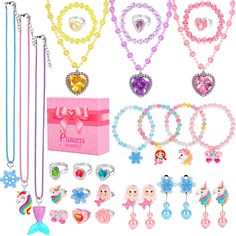 PRICES MAY VARY. ONE BOX FULL OF JEWELRY JOY: Why choose just one type of kids jewelry when you can enjoy a full collection? This play jewelry set for little girls includes 29 pieces—6 necklaces, 8 bracelets, 12 rings, and 3 pairs of kids clip on earrings. Packed with everything she needs to mix and match her style and create different looks, this little girls toy is ideal for those who love variety, encourages kids to enjoy jewelry playtime together with friends KIDS JEWELRY FOR DRESS UP PLAY: Kids Costume Jewelry, Disney Princess Jewelry, Toddler Dress Up, Princess Toys, Princess Jewelry, Unicorn Necklace, Kids Dress Up, Girls Dress Up, Kids Necklace