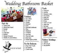 the wedding bathroom basket checklist is shown