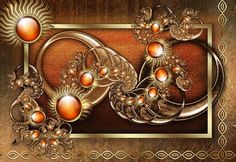 an artistic painting with gold and orange accents on a brown background is featured in this image