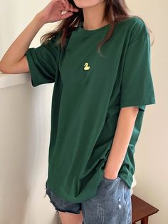 Dark Green Casual Collar Short Sleeve Cotton Cartoon  Embellished Slight Stretch Summer Women Tops, Blouses & Tee Green Tshirt Outfit, Blue Tshirt Outfit, Baggy Tshirt Outfit, Green Shirt Outfits, Baggy Tshirt, Dark Green Shirt, Baggy Shirts, Baggy Tee, Baggy T-shirt