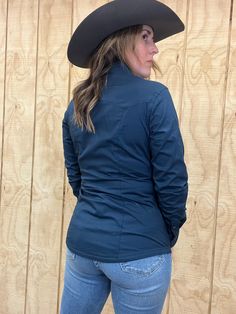 This show stopping new arena shirt from Panhandle features double snap down pockets and a western style yoke in solid navy. Long sleeve two pocket snap Snap Up