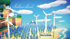 there are many windmills on the beach with blue flowers in the foreground and an island in the background