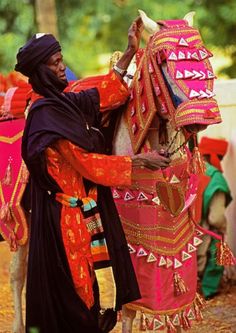 a man in an orange and pink outfit petting a horse