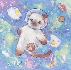 a painting of a cat floating in space