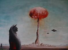 a painting of a cat sitting in front of a tree with a kite flying above it