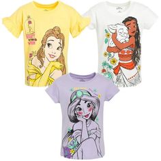 three girls'disney princess t - shirts with cartoon characters on them, all in different colors