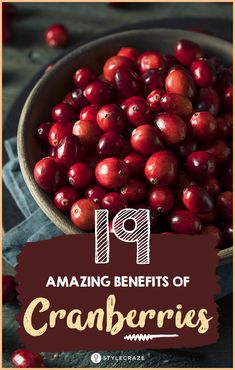 cranberries in a bowl with text overlay saying amazing benefits of cranberries