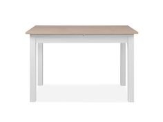 a white table with a wooden top on a white background, viewed from the front