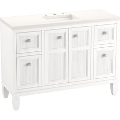 a white bathroom vanity with two drawers and a single sink in the center, on an isolated white background