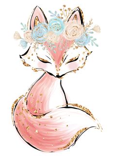 a drawing of a fox with flowers on it's head in pink, blue and gold