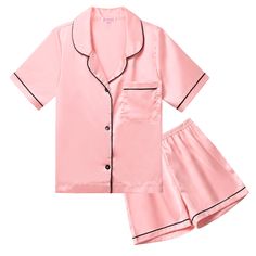 Solid Color Short Sleeve Sleepwear For Pajama Party, Solid Short Sleeve Bedtime Sets, Pink Short Sleeve Sleepwear For Sleepover, Pink Short Sleeve Bedtime Set, Pink Short Sleeve Short Set For Sleep, Pink Short Sleeve Sleep Set, Pink Short Sleeve Home Sets, Pink Short Sleeve Short Set For Bedtime, Pjs Summer