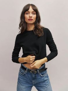 How classic. Shop the Dana Cashmere Crew Sweater from Reformation, a fitted long sleeve sweater with a crew neckline. Winter Basics, Workwear Capsule, Fall Workwear, Cashmere Yarn, Cashmere Blend Sweater, Black Crewneck, Vintage Inspired Dresses, New Tops, Inspired Dress