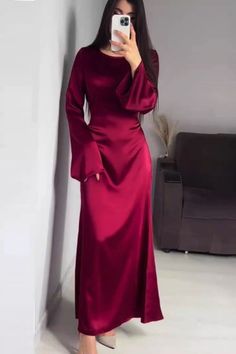 Enhance your formal wardrobe with our Elegant Satin High Waist Maxi Dress. Made with a lace-up design, bell sleeves and a flattering mermaid silhouette, this dress will make you feel confident and sophisticated at any banquet or special event. Its slim, high waist design will also accentuate your curves for a stunning look. Satin Dresses Curvy, Satin Dresses Hijab, Dresses For Curvy Women, Flowy Bohemian Dresses, Bodycon Gown, High Waist Maxi Dress, Trendy Maxi Dresses, Stylish Midi Dress, Satin Dress Long