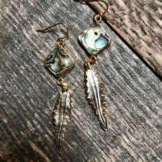 Who doesn't love a little shimmer in their life? Answer the siren's song and get a pair of these beauties for yourself or someone you love. Hand carved abalone feathers dangle from super iridescent abalone squares. The color in these is just amazing and my photos just can't seem to capture it. The perfect earrings to wear with jeans and a t-shirt, at the beach, or on vacation. High quality gold fill ear wires. Length : 3" Listing is for one pair. All of these are made from natural abalone shells Iridescent Mother Of Pearl Dangle Jewelry, Iridescent Abalone Shell Dangle Earrings, Iridescent Dangle Earrings From Abalone Shell, Iridescent Abalone Shell Drop Earrings, Iridescent Abalone Shell Dangle Jewelry, Adjustable Dangle Feather Jewelry, Iridescent Dangle Earrings With Abalone Shell, Dangle Feather Jewelry As A Gift, Feathered Dangle Jewelry As A Gift