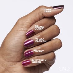 ‌CND Vinylux - der erste Long Wear Polish mit stärkendem Keratin für gesunde und starke Naturnägel.CND Vinylux Long Wear Polish ist ein preisgekröntes 2-Schritte-System aus Farbe und integriertem Base Coat, das sich dank des gebogenen Pinsels ultraschnell auftragen lässt. 8,5 Minuten Trocknungszeit und eine einfache Entfernung sprechen für sich. Dies ist der erste Long Wear Polish mit einem Pflegekomplex aus stärkendem Keratin, Vitamin E und Jojobaöl für gesunde und belastbare Naturnägel. V Cnd Shellac How Merlot, Vinylux Nail Polish, Burgundy Shades, Butterfly Queen, Colour Swatches