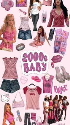 barbie dolls and clothes are arranged in the shape of a collage with words that read, 2000's baby