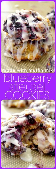 blueberry streusel cookies with icing on top and the words, blueberry streuzel cookies