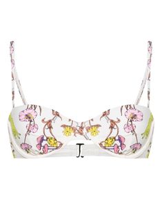 ivory white/multicolour all-over graphic print balconette style adjustable shoulder straps underwire cup removable pads rear clip fastening White Bikinis, Top Clothing, Versace Outfit, Summer 24, Demi Fine Jewelry, Summer Beach Wear, Fine Earrings, High End Fashion, Ivory White