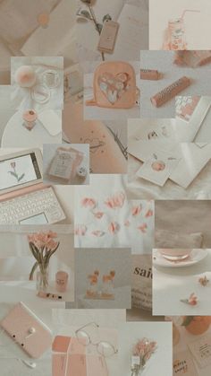 a collage of pink and white images with flowers, cards, laptops and other items