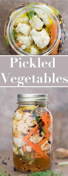 pickled vegetables in a mason jar with text overlay