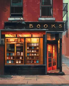 a painting of a book store on the street