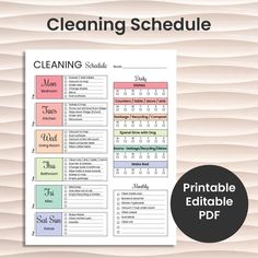 a printable cleaning schedule is shown with the words cleaning schedule on it and an image of