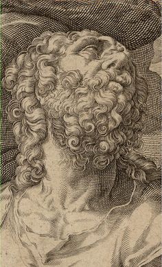 an old drawing of a man with curly hair