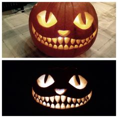 two pumpkins with faces carved into them, one is lit up and the other has glowing eyes