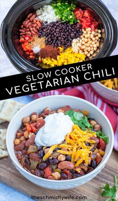 this slow cooker vegetarian chili is loaded with beans, cheese and other ingredients to make it