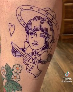 Creative American Traditional Tattoos, Simple Pinup Tattoo, Dainty American Traditional Tattoo, Trad Style Tattoos, American Traditional Sleeve Woman, American Traditional Cowgirl Tattoo, American Traditional Western Tattoo, American Traditional Cowgirl, Cowgirl Tattoos Traditional