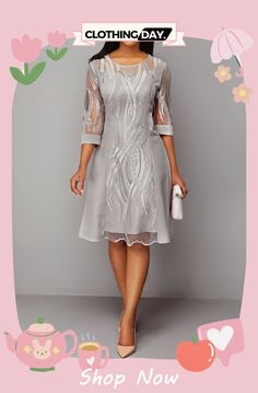 Lace Panel 3/4 Sleeve Light Grey Dress Elegant Summer Dress With 3/4 Sleeves, Elegant Half Sleeve Spring Midi Dress, Elegant Summer Dress 3/4 Length, Elegant Spring Midi Dress With 3/4 Sleeves, Elegant Half Sleeve Midi Dress For Spring, Elegant Summer Dresses With 3/4 Length, Elegant Midi Dress With 3/4 Sleeves For Summer, Formal Summer Dress With 3/4 Sleeves, Summer Formal Dresses With 3/4 Sleeve