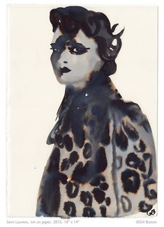 a painting of a woman with black hair and leopard print on her coat, in front of a white background