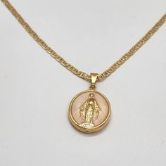 Brand New Brazilian 18k Gold Filled Virgen Maria Necklace Length Is 20" Necklace One Pendent And One Necklace Does Not Tarnish Free Jewelry Bag Included Beauty To Have And Wear Anytime Nwt Gold Figaro Chain Necklace With Round Pendant, Gift Necklaces With Figaro Chain, Maria Necklace, Mary Necklace, Key Pendant Necklace, Statement Bib Necklace, Braided Necklace, Earring Box, Crystal Bead Necklace