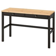 a wooden desk with two drawers on one side and an open drawer on the other