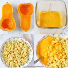 four pictures showing how to make macaroni and cheese with carrots in the blender